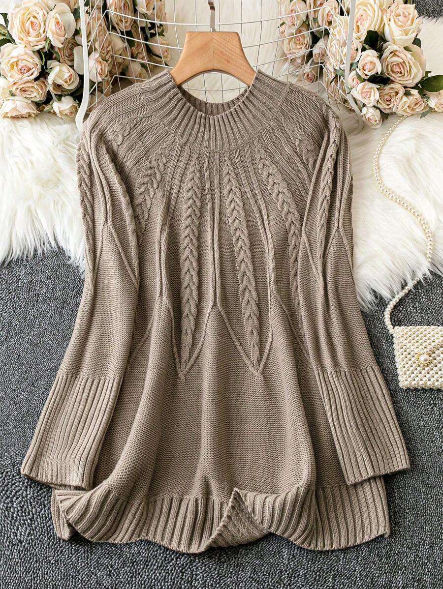 EMERY ROSE Plus Size Solid Color Round Neck Pullover Sweater With Long Sleeves, For Winter Knit Pullover Fall Sweater - Khaki - View 1