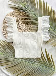 Soleia WYWH 夏季假期女式休闲黑色盖袖方领纹理面料 T 恤 - 杏色 - 查看 5