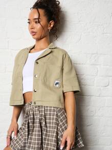 SUMWON WOMEN Utility Canvas Cropped Work Shirt Short Sleeve Button Up Workwear Spring Summer Lightweight Boxy Service Casual Street Style Daily Wear