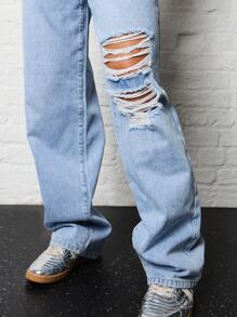 SUMWON WOMEN Distressed Baggy Mom Denim Jeans With Number Graphic Print - Blue - View 5