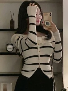 DAZY Áo khoác cardigan lửng hở vai, ôm sát cơ thể, họa tiết kẻ sọc, thời trang xuân thu cho nữ - Màu be - Xem 2
