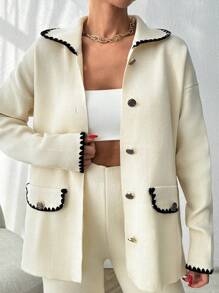 EURMUSE Pocket Cardigan Polo Neck Pant Knit Set - Apricot - View 2