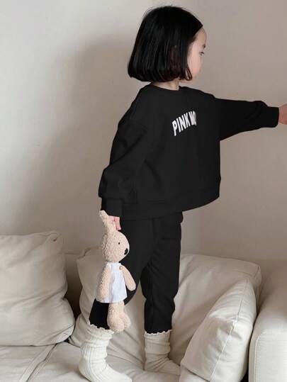 Dazy Kids 2pcs/Set Young Girls Round Neck Letter Knit Fleece Sweatshirt And Pants, Fall Outfit,Winter