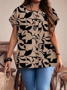 EMERY ROSE Camisa de manga corta de cuello redondo con diseño de patchwork geométrico casual y talla grande, apta para otoño/verano - Marrón Mocha - Ver 3
