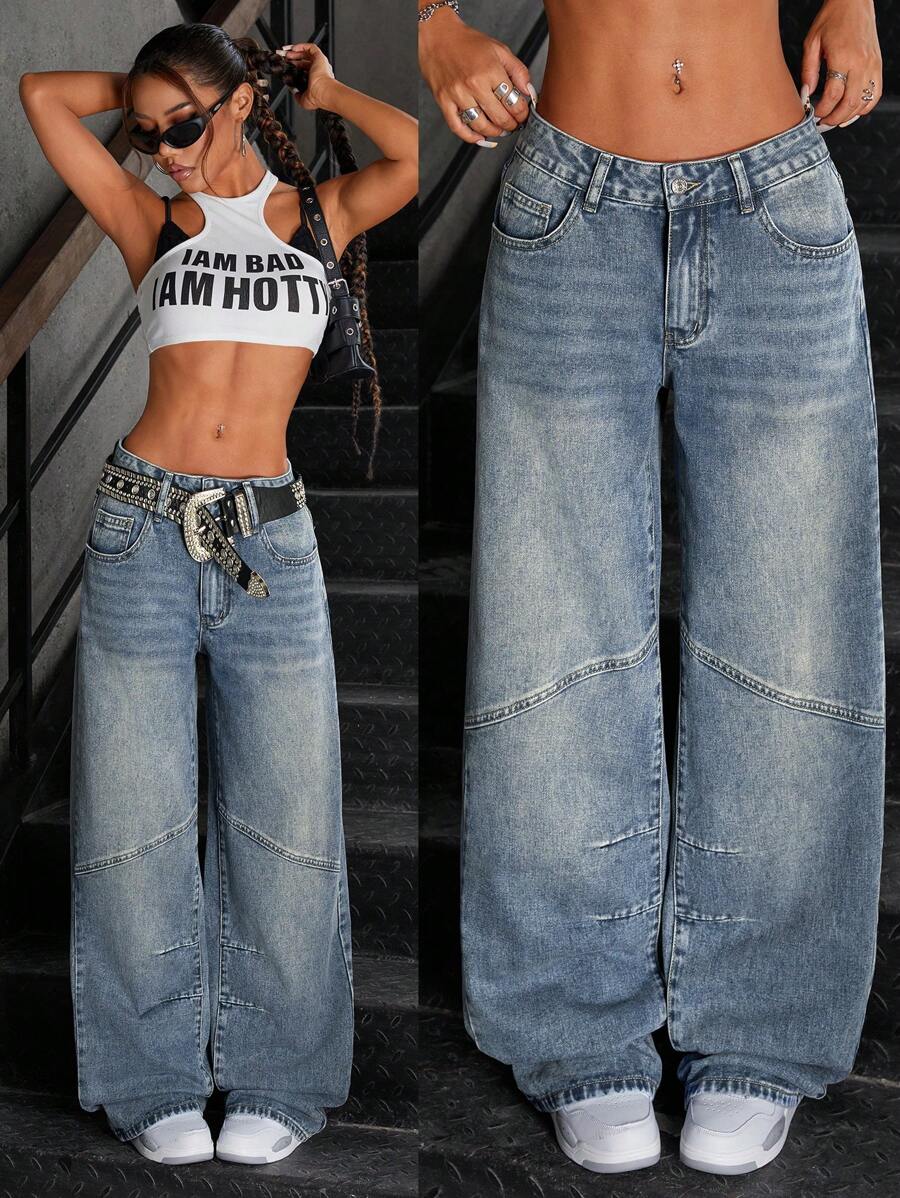 SHEIN ICON 休闲复古洗水低腰宽松直筒牛仔裤