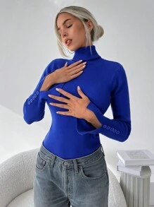 Firerie Women's Turtleneck Long Sleeve Button Closure Klein Blue Sweater - Royal Blue - View 6