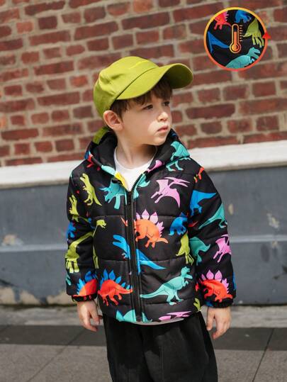 SHEIN 一件男童保暖加厚带帽动物纹外套，适合日常穿着、上学、聚会、秋冬季户外活动。