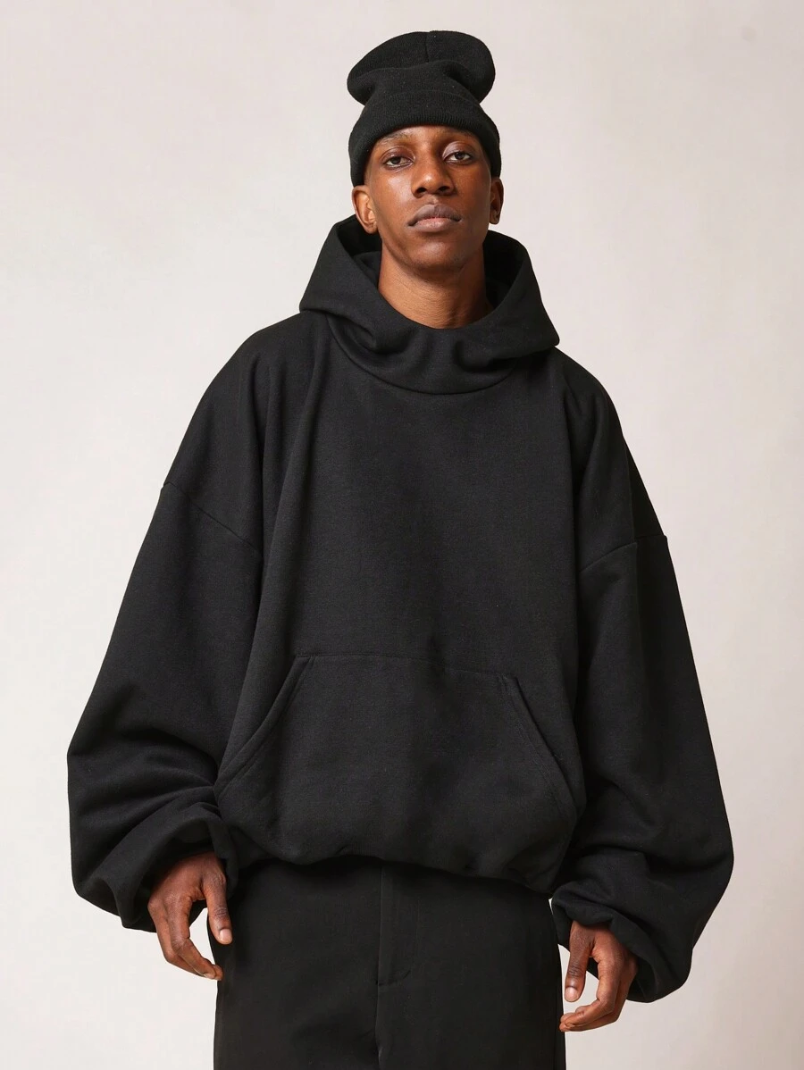 SUMWON Premium Essential Oversized Funnel Neck Hoodie Winter Comfort Streetwear Urban Fashion Loungewear Heavyweight Pullover Athletic Casual Autumn Drawstring - Black - View 1