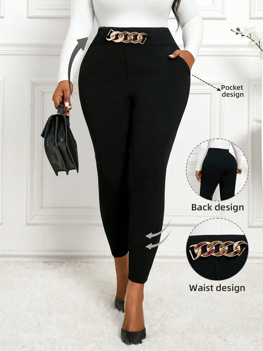 SHEIN Lady Autumn And Winter Elegant Work Office Black Nitted Chain Long Plus Size Suit Pants Fall