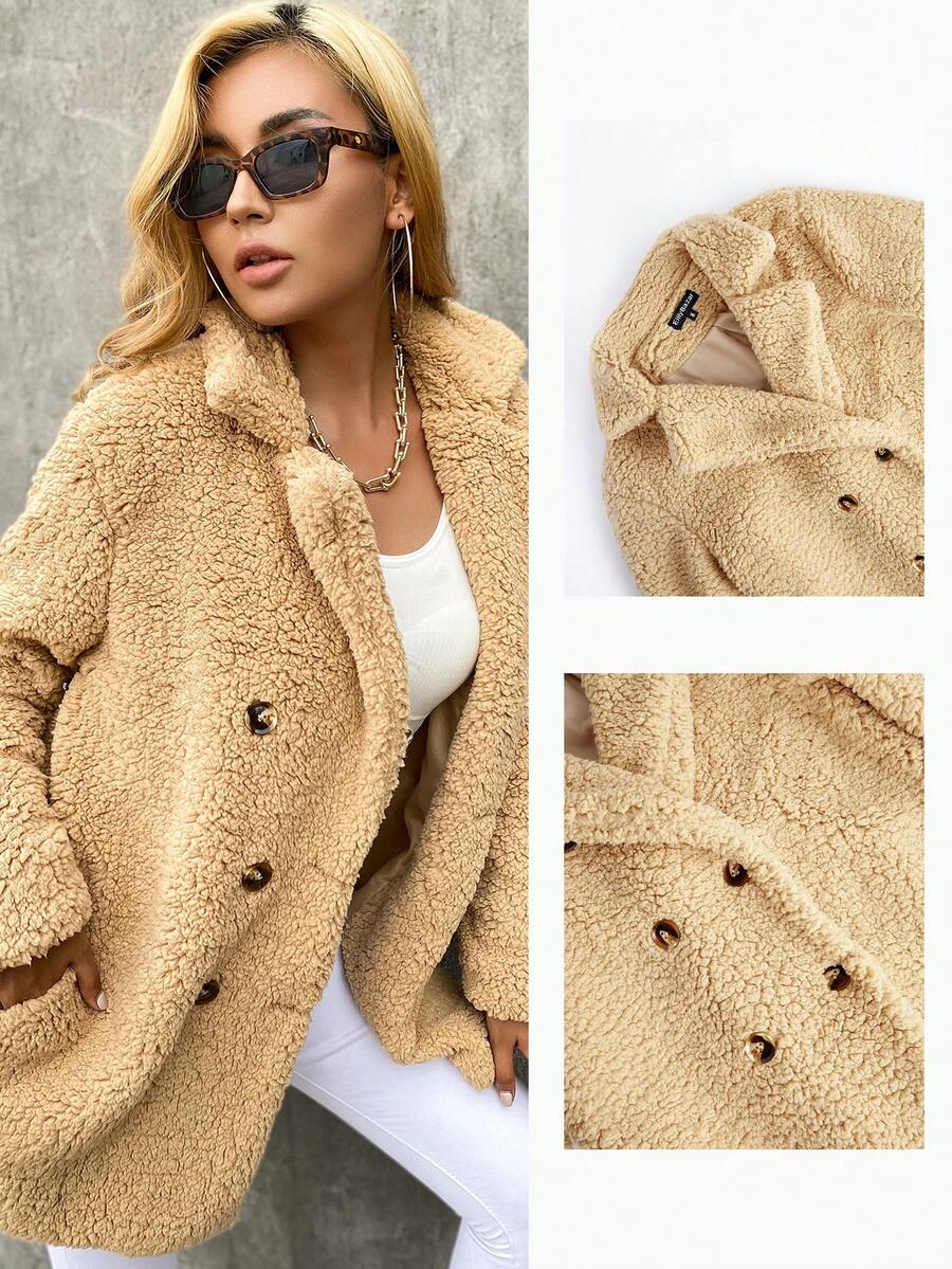 Eilly Bazar Double Button Teddy Coat - Camel - View 1