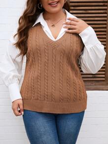 EMERY ROSE Damen Pullover-Weste Einfarbig mit V-Ausschnitt, in Große Größen, strickstil, lässig, für Herbst und Winter - Kamelfarben - Übersicht 6