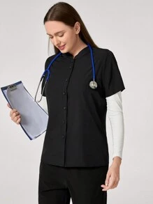 TaskEZ Blusa de mujer con cuello alto y abotonadura sencilla, de manga corta, uniforme de oficina