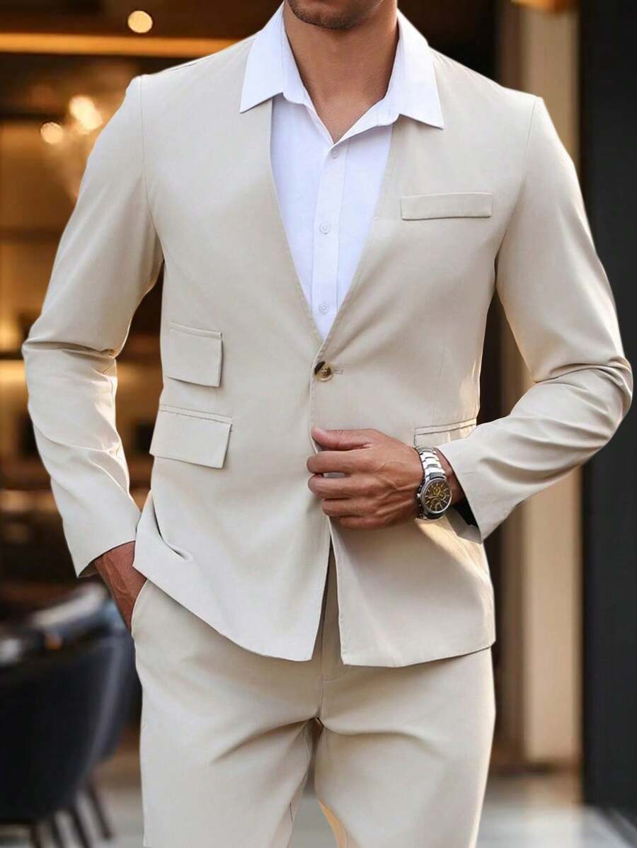 Manfinity Mode Conjunto de camisa de manga larga con bolsillo y botones delante y pantalones casuales para hombre - Caqui - Ver 1