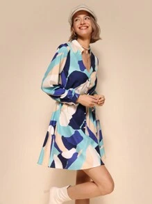 Calvaya Vestido corto casual con botones delanteros, manga larga y estampado integral para mujer