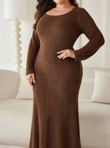 Mulvari 大码女式纯色圆领长袖罗纹修身鱼尾下摆优雅连衣裙，秋季秋装 - 棕色 - 查看 1