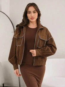 Seusyu Women's Spring And Autumn Drop Shoulder Long Sleeve Work Pocket Loose Casual Short Jacket - Brown - View 4