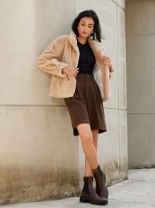 Femmeiva Oversized Women Casual Simple Oblique Pockets Fuzzy Jacket For Autumn & Winter Fall Cloth For Women - Khaki - View 5