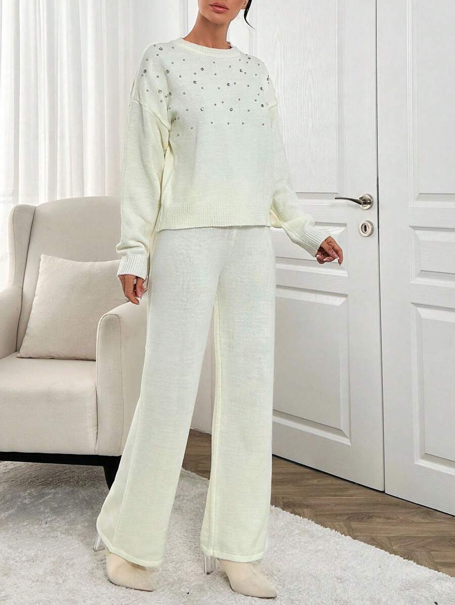 RueChic Elegant Crew Neck Drop Shoulder Rhinestone And Pearl Beaded Sweater & Wide Leg Plain Solid Sweater Pants 2 Piece Knit Set