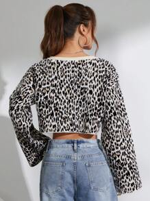 Flirla Femmes Léopard Patchwork Manches Longues Crop Sexy Épaule Dénudée Chandail, Tricot Pull Décontracté Quotidien Porter Automne Hiver - Multicolore - Voir 2