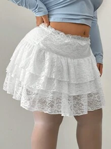 SHEIN SXY 大码女式可爱性感多层蕾丝荷叶边下摆迷你裙 - 白色 - 查看 4