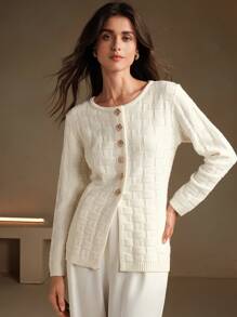 Anewsta V-Neck Long Sleeve French Style Cinched Waist Single Breasted Knit Cardigan - Apricot - View 2