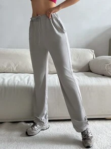SHEIN Sports Women Solid Color Drawstring Waist With Pockets Straight Leg Casual Sports Pants - Grey - View 4