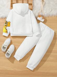 2pcs/Set Casual Cute Funny Sporty Streetwear All-Match Style Korean Fashion Boys Cartoon Pattern Hooded Loose Knit Sweatshirt And Knit Pants Set, Suitable For Spring, Autumn And Winter, For Home, Outdoor, School, Sports