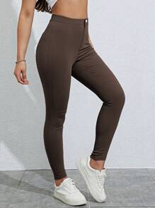SHEIN Unity 女士纯色高腰紧身休闲裤 - 咖啡棕 - 查看 4