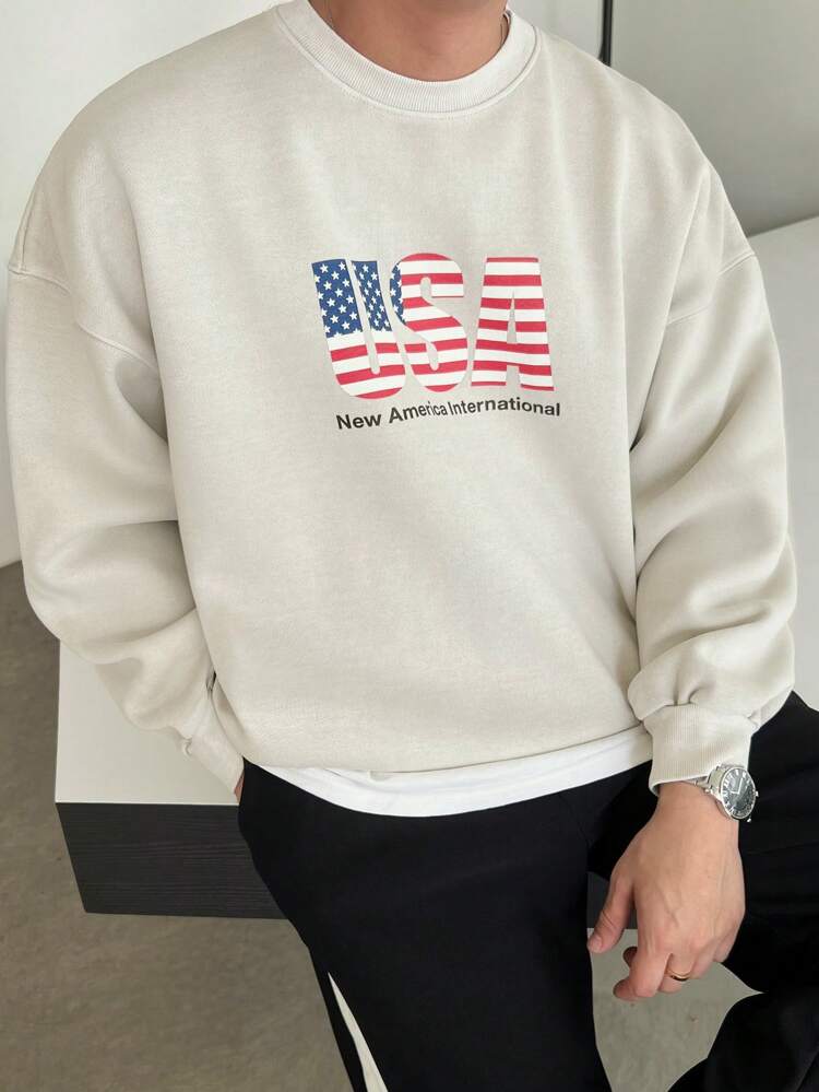 Letter Print Pullover Sweatshirt For Men, Tan Color, Autumn