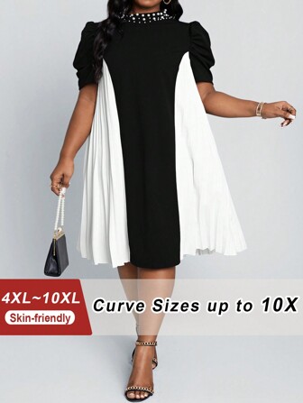 SHEIN CURVE+ Plus Size Work Women Dresses, Black & White Spliced Pleated Neck Beaded Puff Sleeve Formal Party Wedding Reception Elegant Dress
