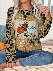 SHEIN LUNE Casual Minimalist All-Over Print Plus Size Crew Neck Open Shoulder Loose Sweatshirt, Autumn/Winter - Black - View 2