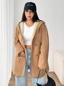 SHEIN EZwear 女款复合羊毛连帽衫 - 棕色 - 查看 6