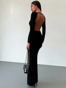 Aloruh 1 件女式露背纯色长袖休闲连衣裙，简约风格 - 黑色 - 查看 1