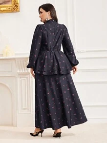 Modelyn Plus Size Bescheiden Standkraag Lange Mouw Bloemenprint Lange Arabische Jurk