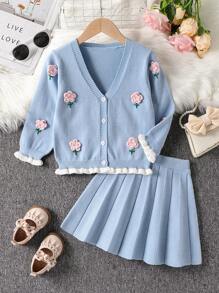 طقم ملابس للبنات الصغيرات مكون من 2 قطعة، كنزة صوفية مزهرية وتنورة مطوية، طقم مكون من 2 قطعة بلون أزرق محبوك - ازرق ضبابي - مشاهدة 1