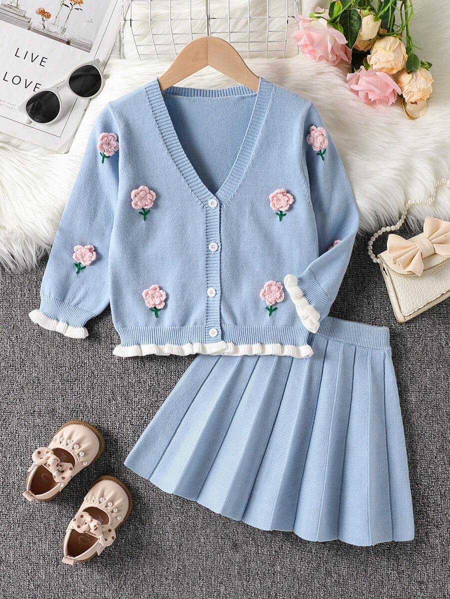 طقم ملابس للبنات الصغيرات مكون من 2 قطعة، كنزة صوفية مزهرية وتنورة مطوية، طقم مكون من 2 قطعة بلون أزرق محبوك - ازرق ضبابي - مشاهدة 1