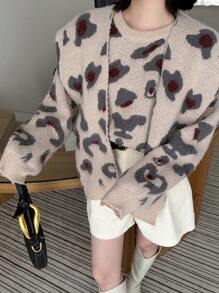 SHEIN X Angie Costa Chiquease Damen Leoparden Muster strukturierter Schal Pullover, Lässig für Herbst und Winter