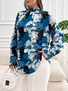 RueChic Plus Size Women's Floral Print Long Sleeves High Collar Blouse With Three Button Detailed Cuff - Green - View 4