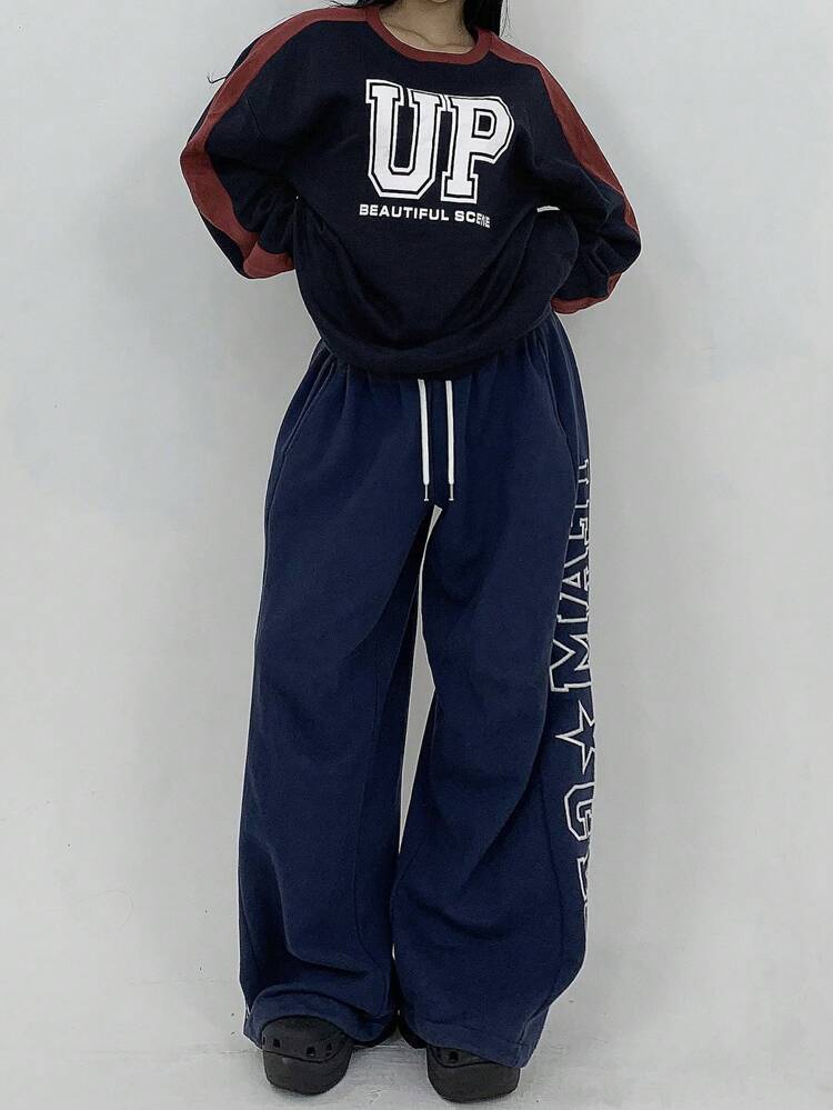 Women's Colorblock Crew Neck Printed Knit Sweatshirt, Autumn/Winter