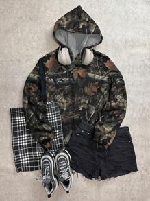 SHEIN EZwear Áo hoodie in họa tiết cổ điển Branch Camouflage thời trang đường phố hợp thời trang, phù hợp cho mùa thu/đông - trắng - Xem 3