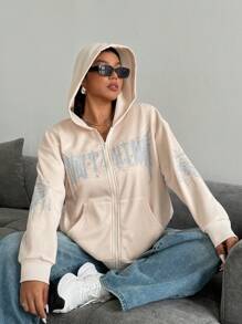 Flirla Plus Size Gothic Butterfly Print Zipper Front Hoodie Fall - Apricot - View 4