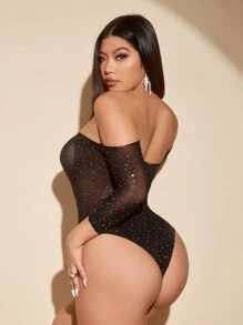 Viva Relle Plus Size Nowy seksowny, wycięty na ramiączkach, z kryształkami, z kokardą i wycięciem - Czarne - Zobacz 6