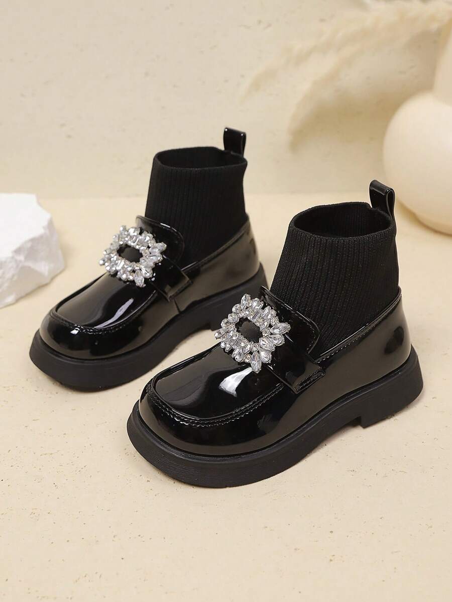 1 đôi bốt trang trí đính đá PU bóng màu đen mới thu/đông 2024 cho bé gái, bốt ngắn cho trẻ em, bốt tất phong cách công chúa thời trang và đa năng - màu đen - Xem 1