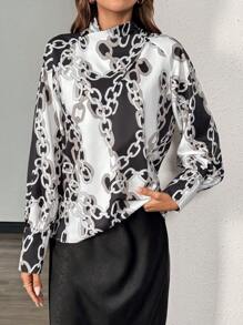 SHEIN Clasi Long Sleeve Tie-Back Allover Print Casual Top, Everyday Wear - Multicolor - View 1