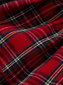 Tween Girl Adolescent Plaid Round Neck Long Sleeve Dress - Red - View 5