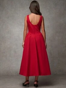 SHEIN BAE 女式复古酒红色无袖连衣裙，紧身腰部，适合约会、派对、返校 冬季女装 感恩节女装 冬季装 圣诞女装 圣诞女装 - 紅色 - 查看 5