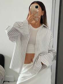 Livesso Striped Loose Long Sleeve Collared Women Blouse,Long Sleeve Tops