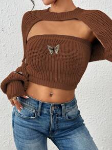 SHEIN Unity 1 Bộ Áo len ống thêu hình bướm thường ngày cho nữ - Rỉ Nâu - Xem 3