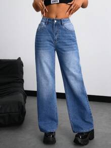 休闲百搭直筒洗水牛仔裤