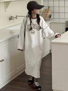 Dazy Kids 女童圆领针织保暖直筒连衣裙，秋季 - 灰色 - 查看 4